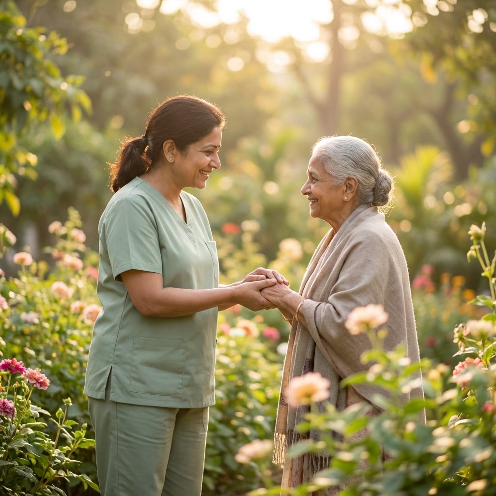 Professional caregiver sharing a peaceful moment with elderly person in garden