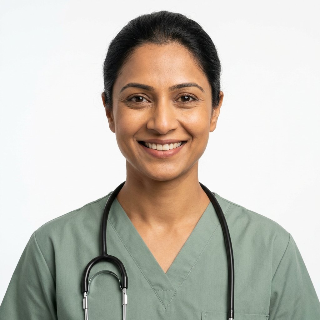 Verified female caregiver with warm smile